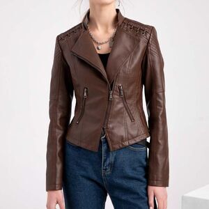 NEW! GYK Stitched-Shoulder Vegan Leather Moto Jacket - size Large in Brown.